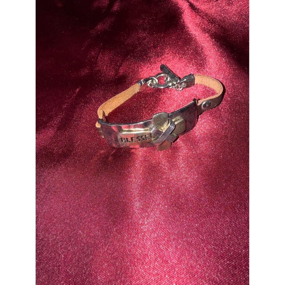 Blessed Cross Leather Toggle Bracelet Silver Tone Religious Faith Jewelry